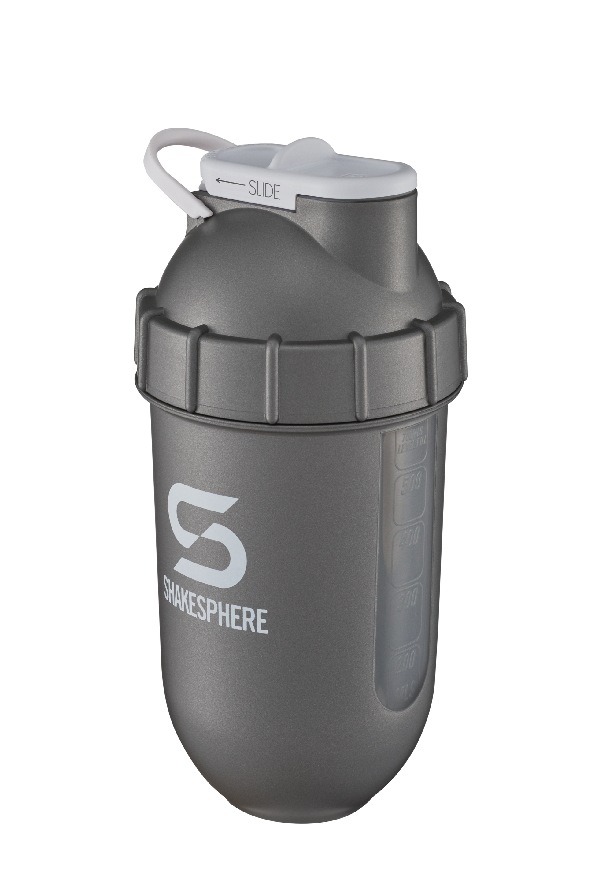 700mls ShakeSphere Tumbler View Gun Metal/White Logo/Clear Window